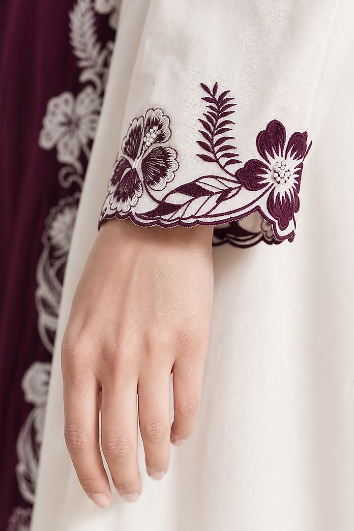 Burgundy Chanderi Silk Color-Blocked Asymmetrical Kurta Set by ORIGANI at Pernia's Pop Up Shop