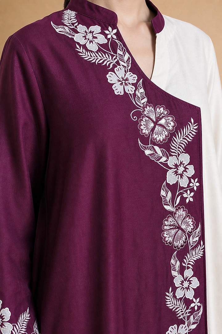 Burgundy Chanderi Silk Color-Blocked Asymmetrical Kurta Set by ORIGANI at Pernia's Pop Up Shop