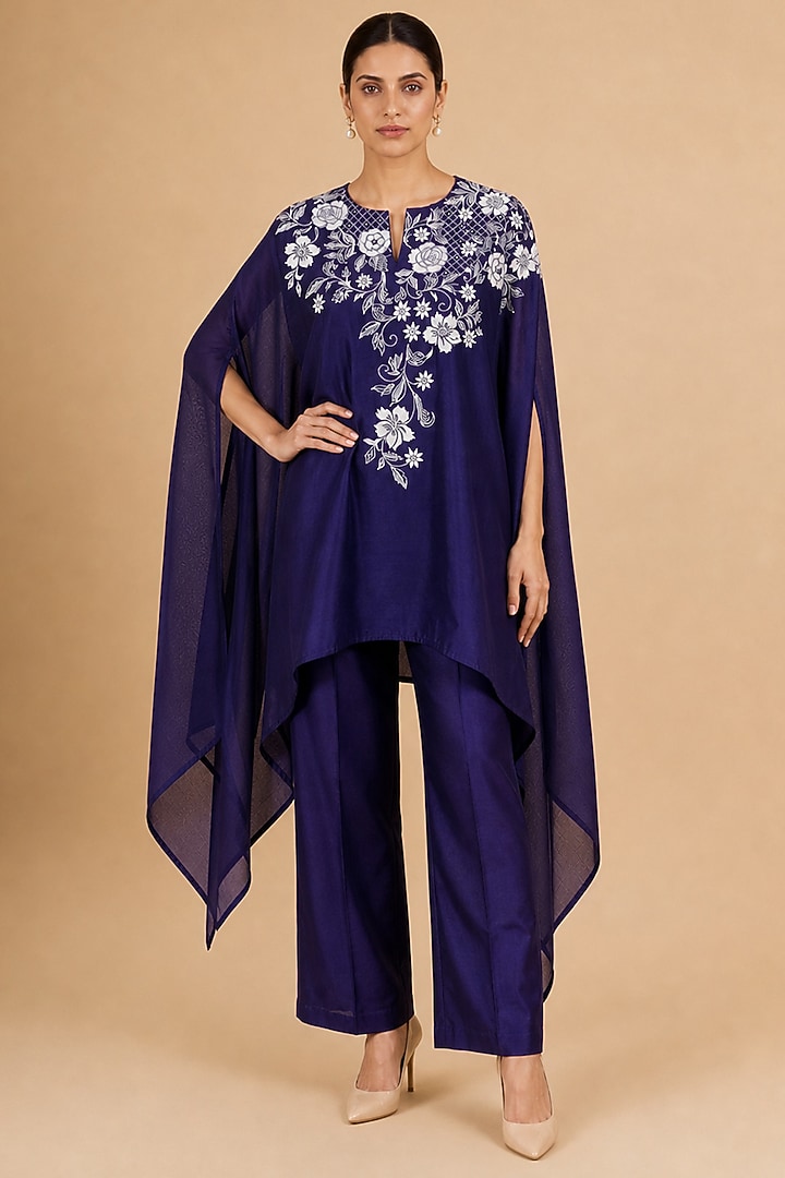 Purple Chanderi Silk Applique Embroidered Asymmetrical Kaftan Set by ORIGANI at Pernia's Pop Up Shop