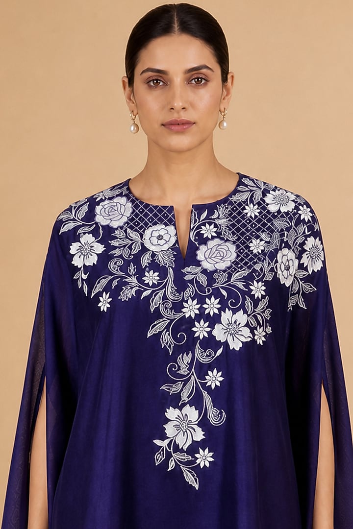Purple Chanderi Silk Applique Embroidered Asymmetrical Kaftan Set by ORIGANI at Pernia's Pop Up Shop