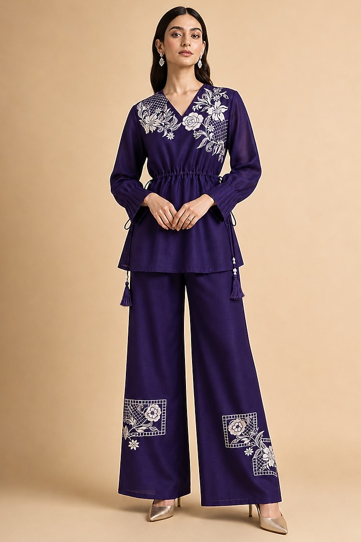Purple Chanderi Silk Applique Embroidered Peplum Kurta Set by ORIGANI at Pernia's Pop Up Shop