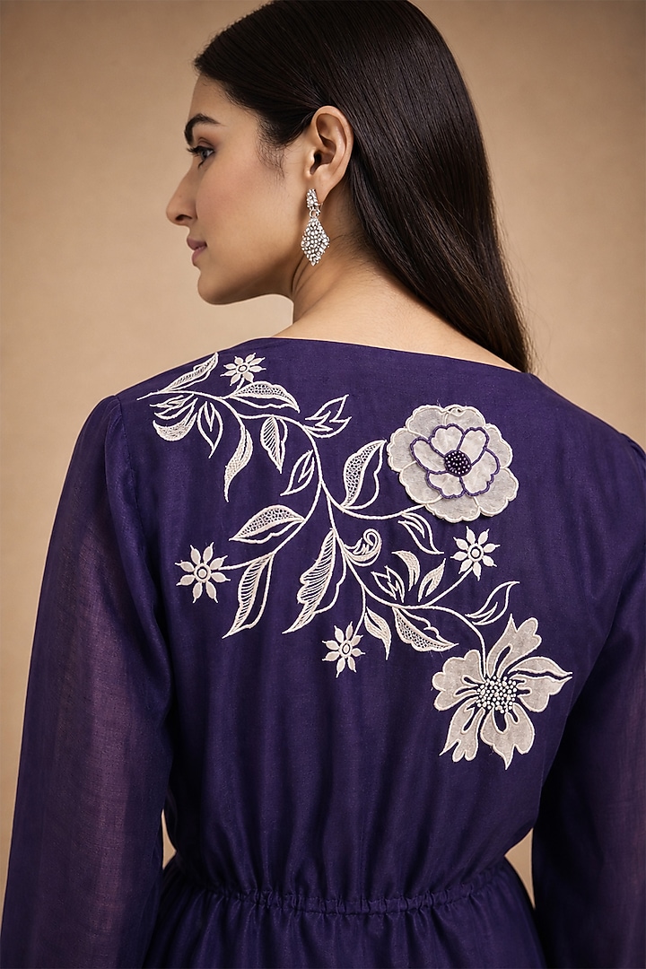 Purple Chanderi Silk Applique Embroidered Peplum Kurta Set by ORIGANI at Pernia's Pop Up Shop