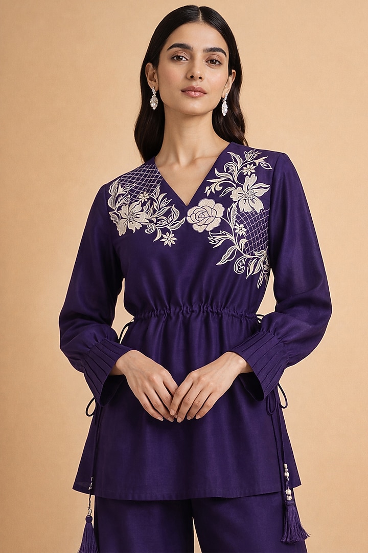 Purple Chanderi Silk Applique Embroidered Peplum Kurta Set by ORIGANI at Pernia's Pop Up Shop
