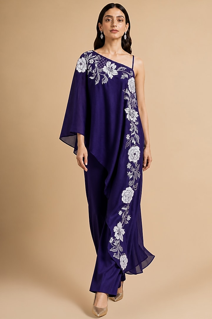 Purple Chanderi Silk Applique Embroidered High-Low Tunic Set by ORIGANI at Pernia's Pop Up Shop
