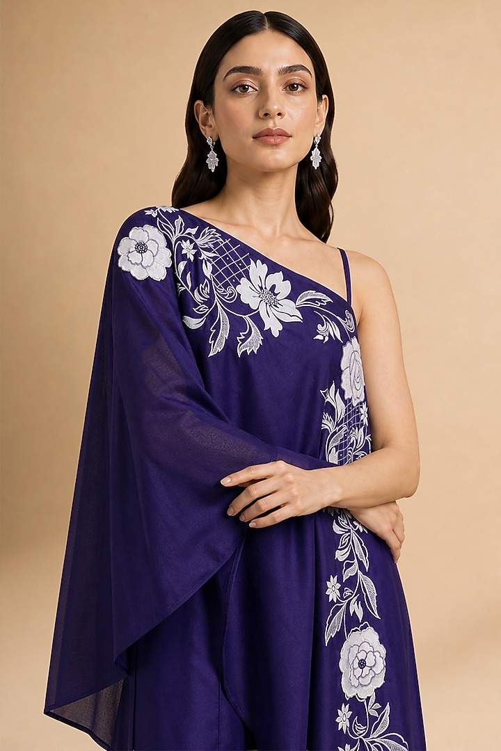Purple Chanderi Silk Applique Embroidered High-Low Tunic Set by ORIGANI at Pernia's Pop Up Shop