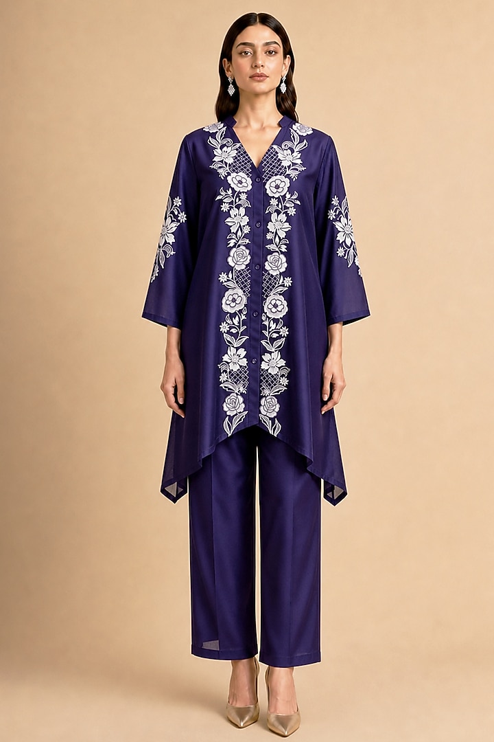 Purple Chanderi Silk Applique Embroidered Asymmetrical Tunic Set by ORIGANI at Pernia's Pop Up Shop