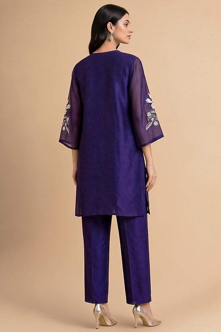 Purple Chanderi Silk Applique Embroidered Asymmetrical Tunic Set by ORIGANI at Pernia's Pop Up Shop