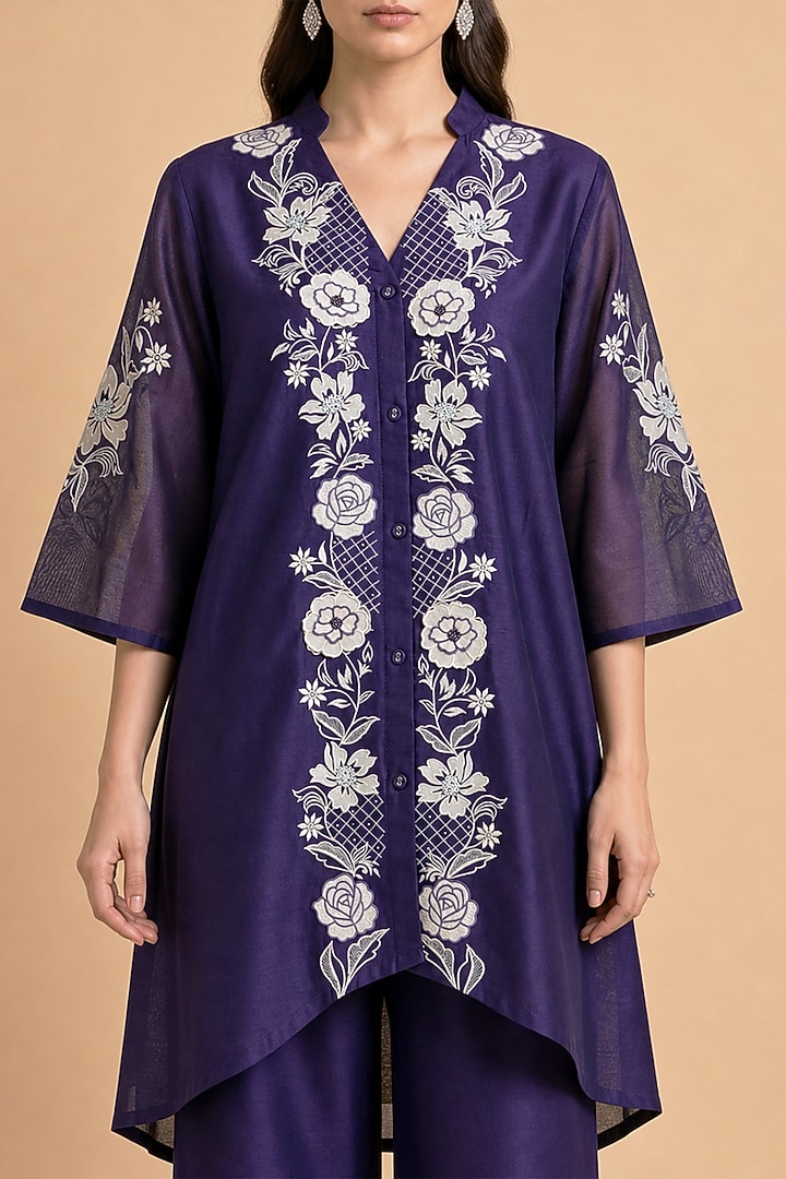 Purple Chanderi Silk Applique Embroidered Asymmetrical Tunic Set by ORIGANI at Pernia's Pop Up Shop