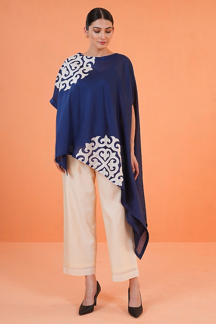 Blue & Ivory Chanderi Silk Embroidered Tunic Set by ORIGANI at Pernia's Pop Up Shop