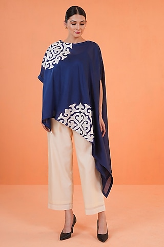 Blue & Ivory Chanderi Silk Embroidered Tunic Set by ORIGANI