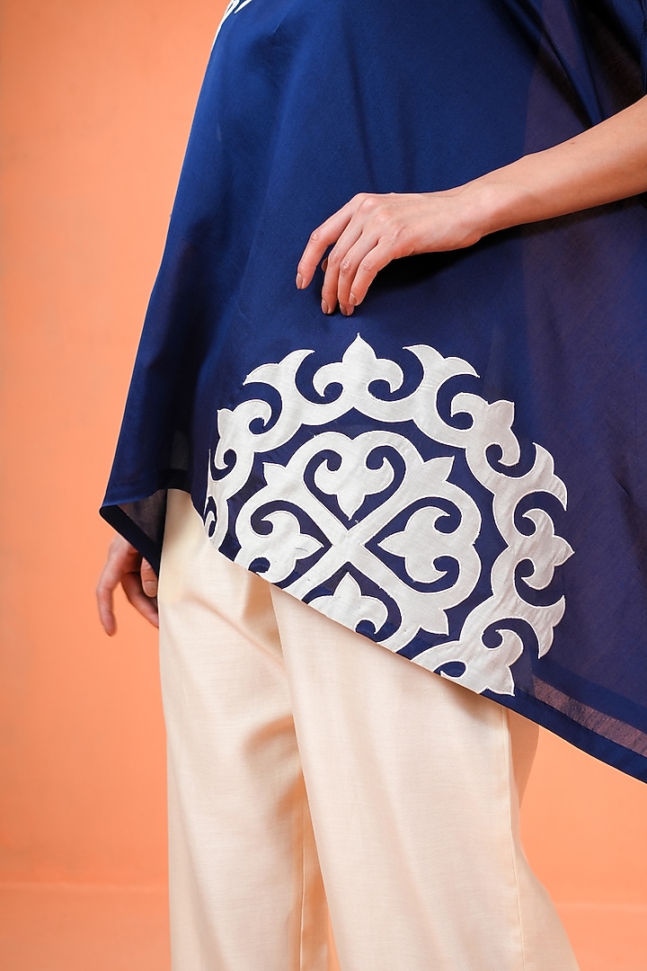 Blue & Ivory Chanderi Silk Embroidered Tunic Set by ORIGANI at Pernia's Pop Up Shop