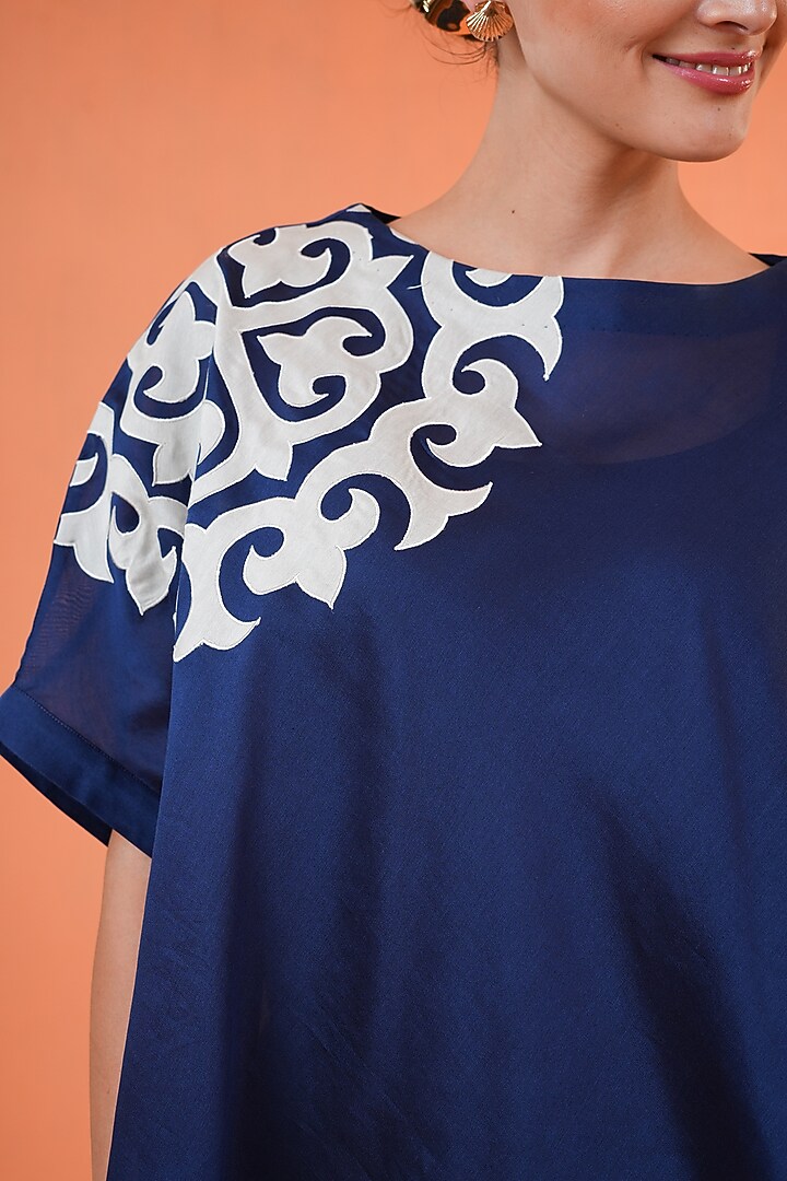 Blue & Ivory Chanderi Silk Embroidered Tunic Set by ORIGANI at Pernia's Pop Up Shop