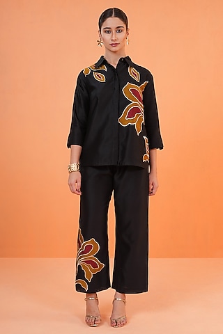 Black Chanderi Silk Embroidered Co-Ord Set by ORIGANI
