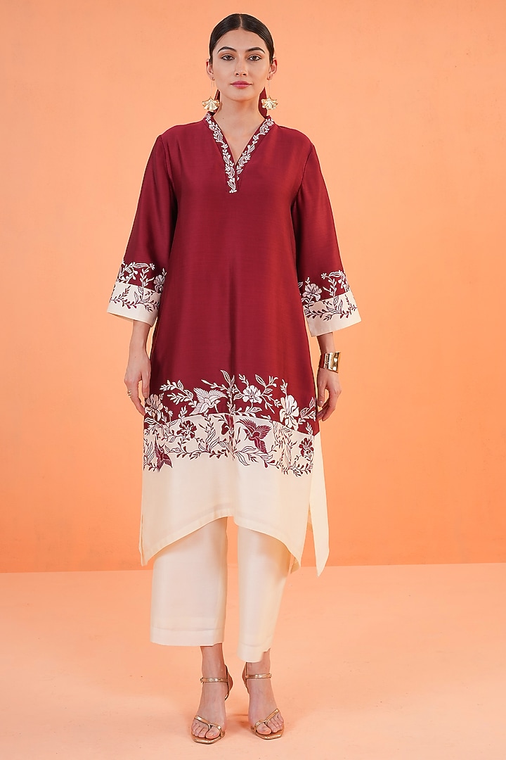Maroon Chanderi Silk Embroidered Kurta Set by ORIGANI at Pernia's Pop Up Shop