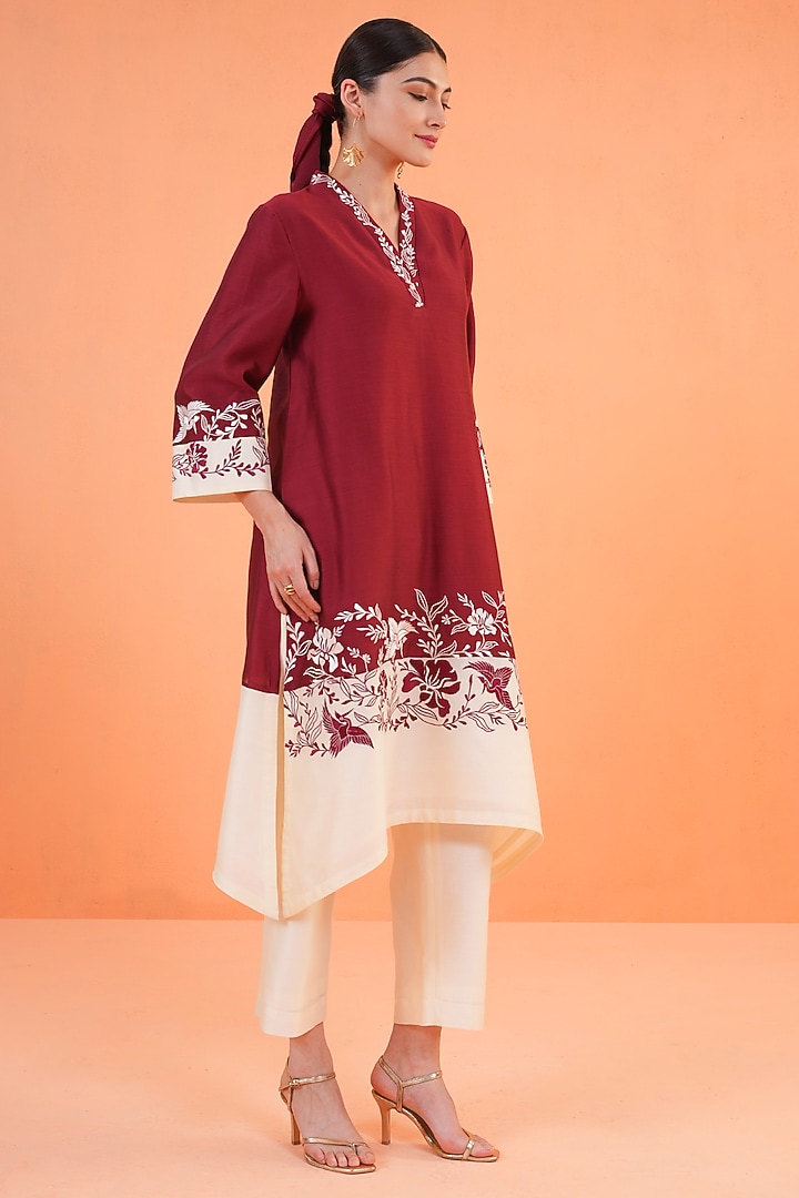 Maroon Chanderi Silk Embroidered Kurta Set by ORIGANI at Pernia's Pop Up Shop