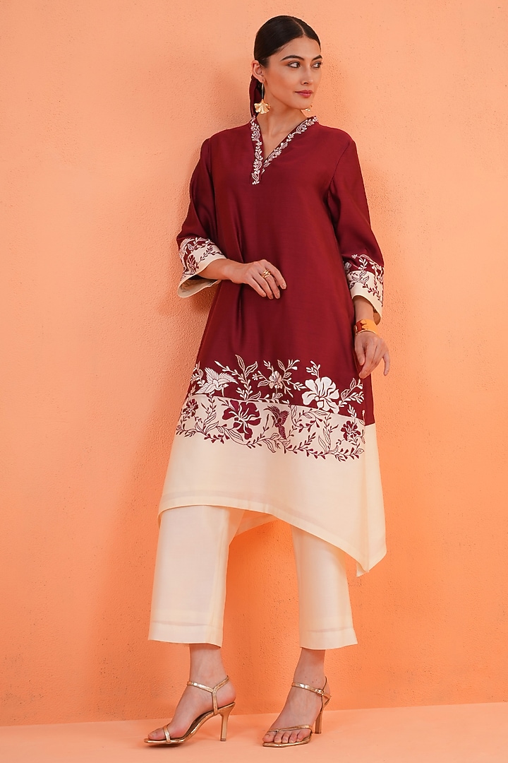 Maroon Chanderi Silk Embroidered Kurta Set by ORIGANI at Pernia's Pop Up Shop