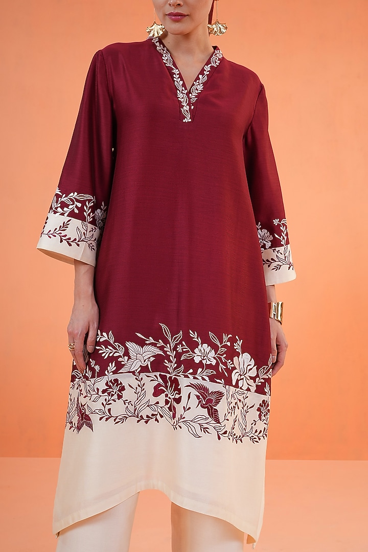 Maroon Chanderi Silk Embroidered Kurta Set by ORIGANI at Pernia's Pop Up Shop