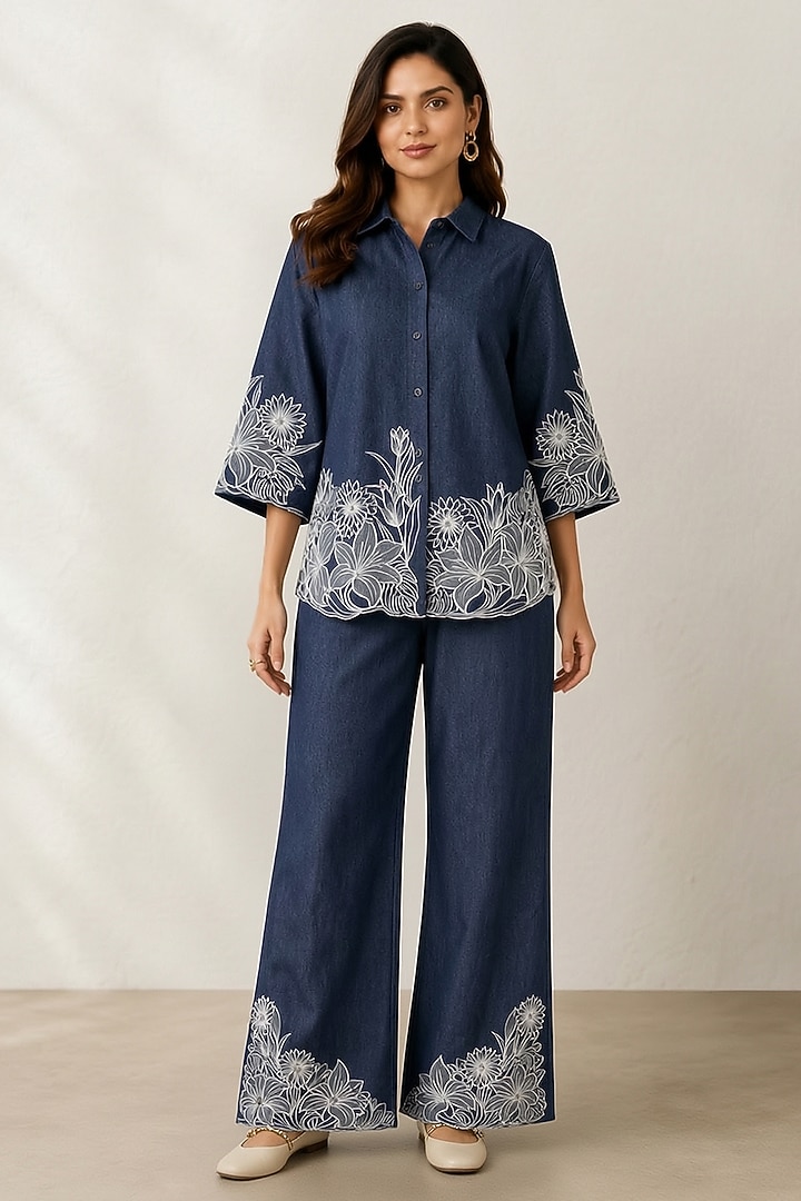 Blue Denim Hand Embroidered Co-Ord Set by ORIGANI at Pernia's Pop Up Shop