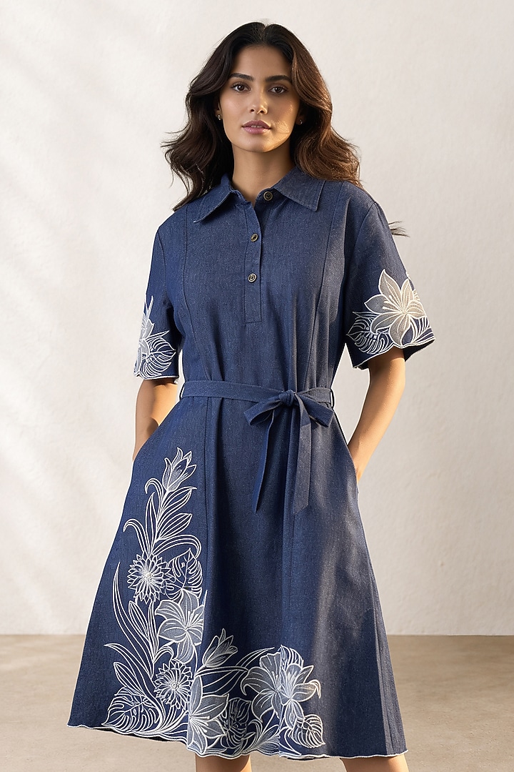 Blue Denim Applique Hand Embroidered Midi Vacation Dress by ORIGANI at Pernia's Pop Up Shop