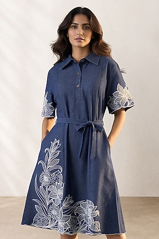 Blue Denim Applique Hand Embroidered Midi Dress by ORIGANI