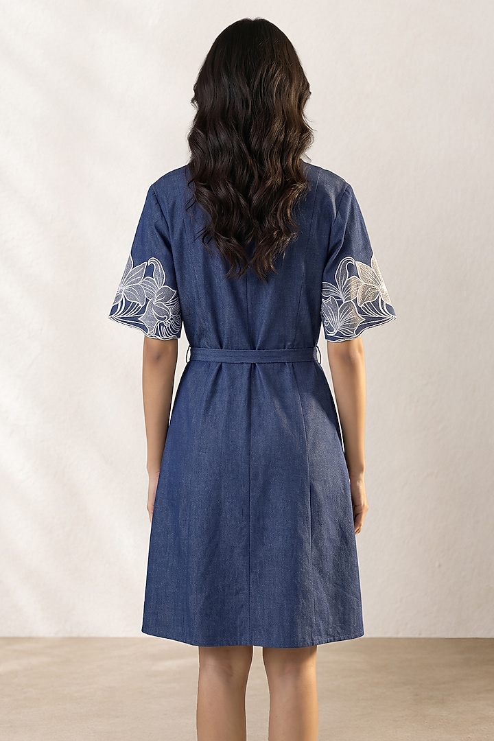 Blue Denim Applique Hand Embroidered Midi Vacation Dress by ORIGANI at Pernia's Pop Up Shop