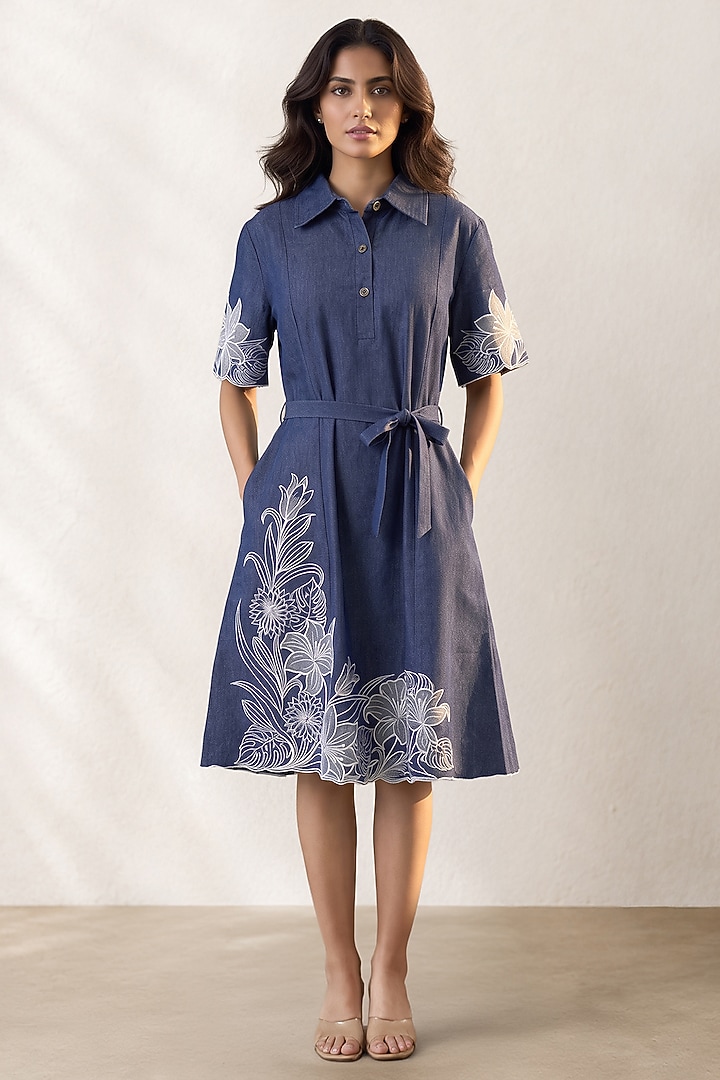 Blue Denim Applique Hand Embroidered Midi Vacation Dress by ORIGANI at Pernia's Pop Up Shop