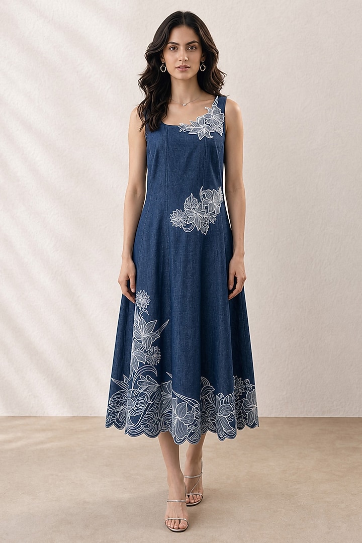 Blue Denim Applique Hand Embroidered Midi Vacation Dress by ORIGANI at Pernia's Pop Up Shop