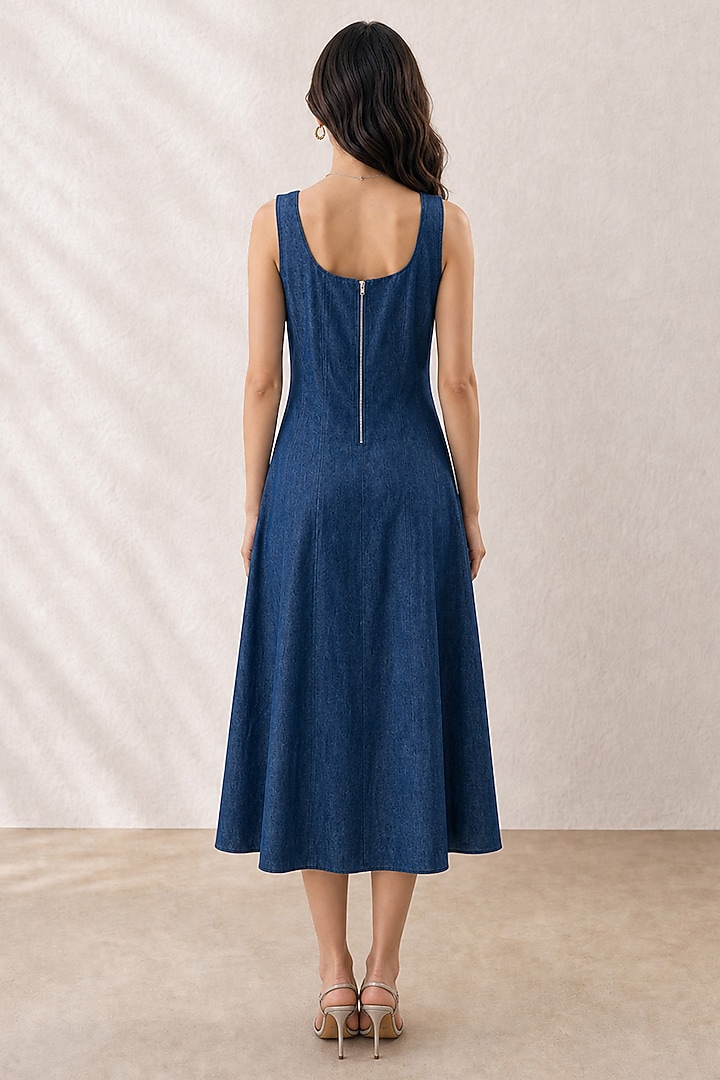 Blue Denim Applique Hand Embroidered Midi Vacation Dress by ORIGANI at Pernia's Pop Up Shop