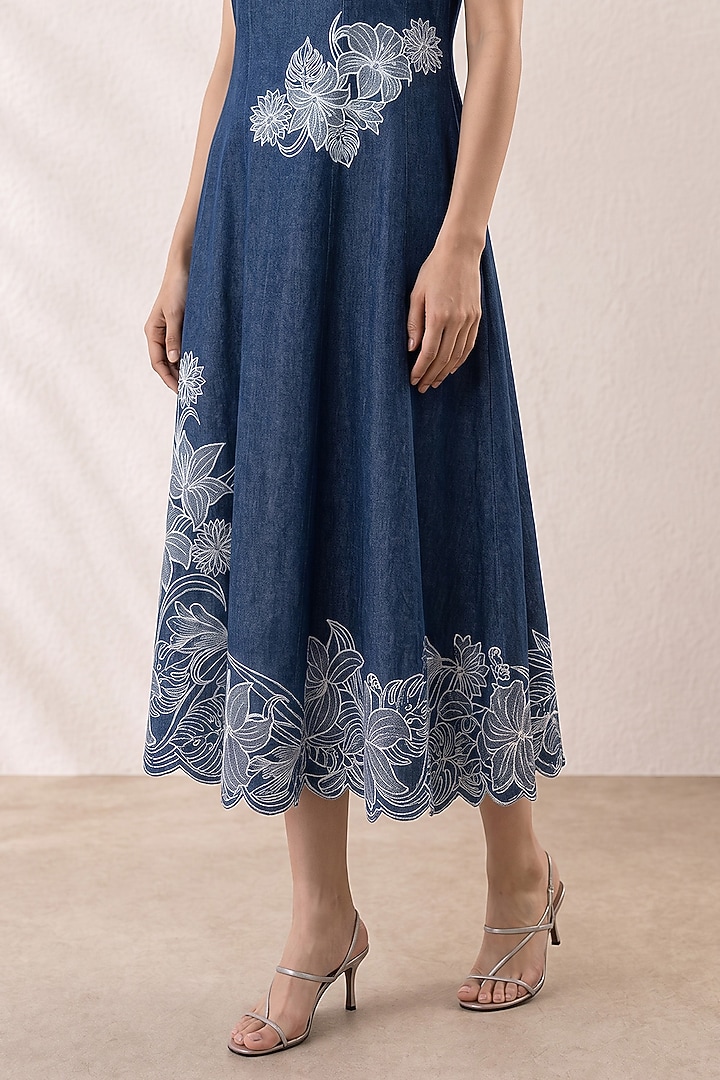 Blue Denim Applique Hand Embroidered Midi Vacation Dress by ORIGANI at Pernia's Pop Up Shop