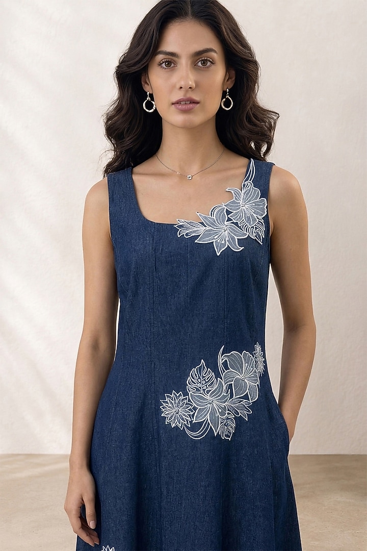 Blue Denim Applique Hand Embroidered Midi Vacation Dress by ORIGANI at Pernia's Pop Up Shop