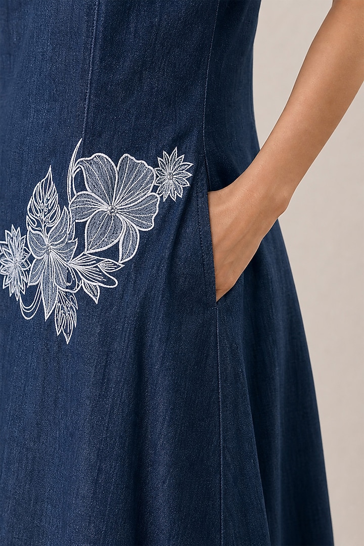 Blue Denim Applique Hand Embroidered Midi Vacation Dress by ORIGANI at Pernia's Pop Up Shop