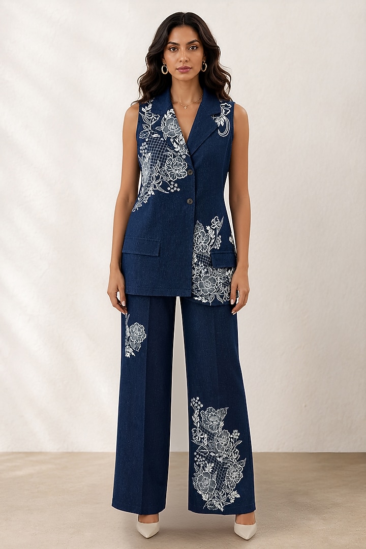 Blue Denim Placement Embroidered Co-Ord Set by ORIGANI at Pernia's Pop Up Shop