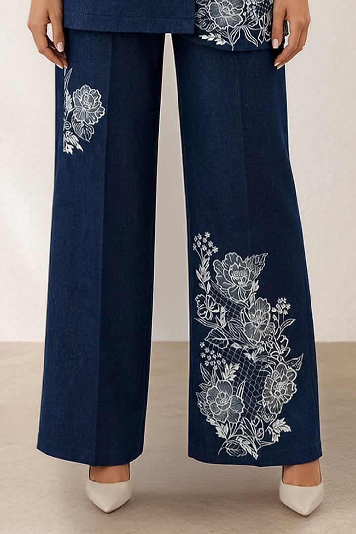 Blue Denim Placement Embroidered Co-Ord Set by ORIGANI at Pernia's Pop Up Shop