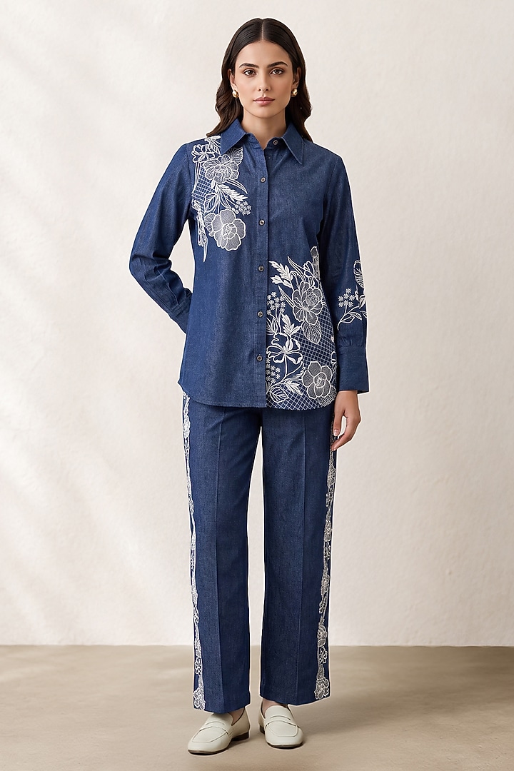 Blue Denim Placement Embroidered Co-Ord Set by ORIGANI at Pernia's Pop Up Shop