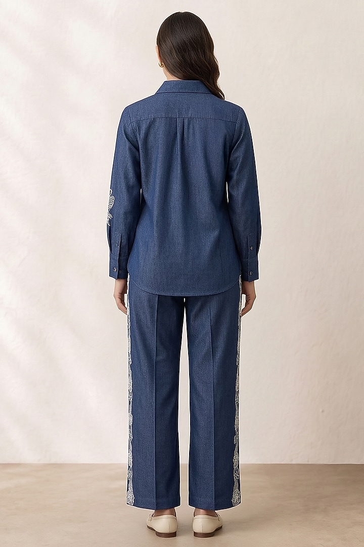 Blue Denim Placement Embroidered Co-Ord Set by ORIGANI at Pernia's Pop Up Shop