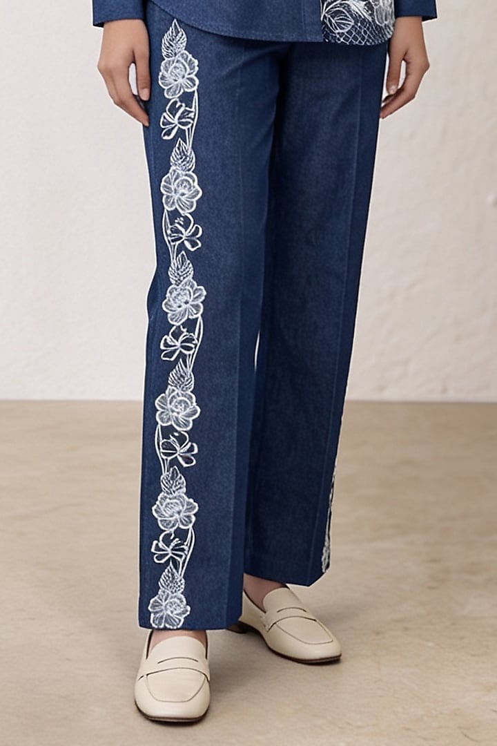 Blue Denim Placement Embroidered Co-Ord Set by ORIGANI at Pernia's Pop Up Shop