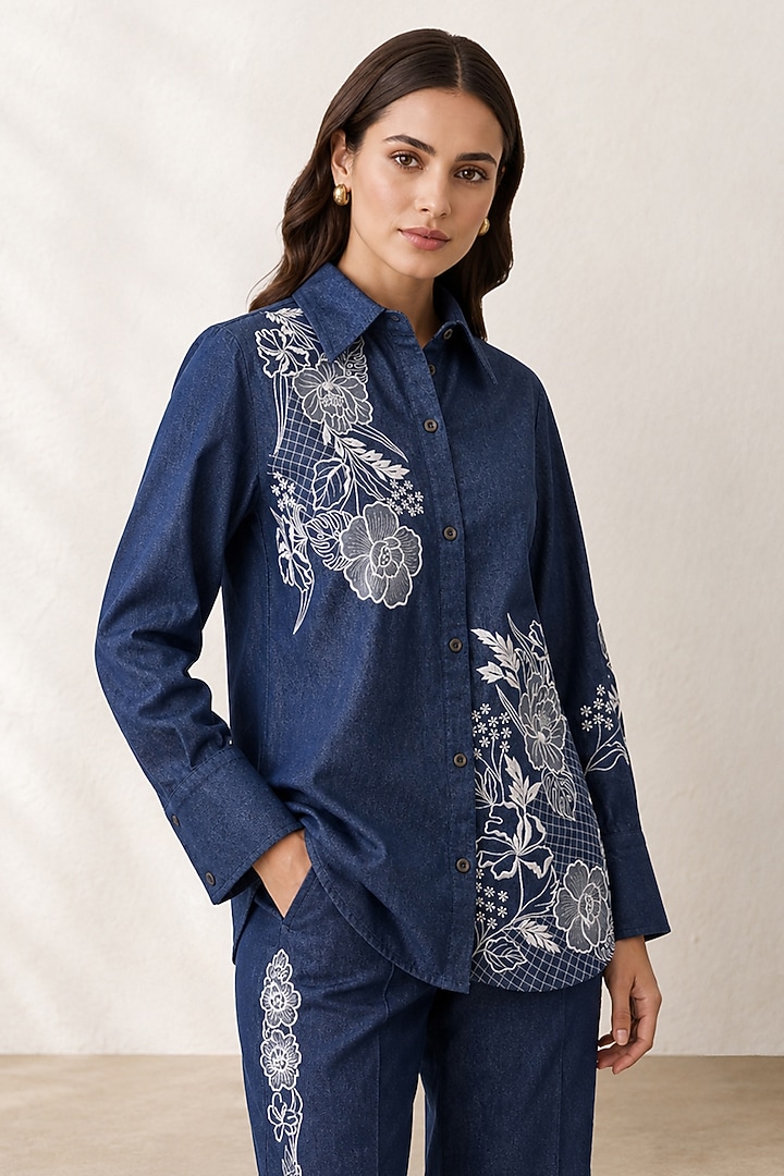 Blue Denim Placement Embroidered Co-Ord Set by ORIGANI at Pernia's Pop Up Shop