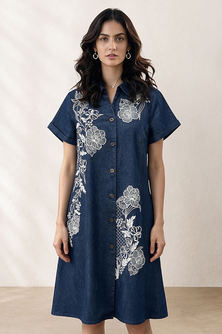 Blue Denim Applique Embroidered Knee-Length Vacation Dress by ORIGANI at Pernia's Pop Up Shop