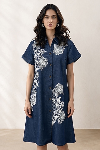 Blue Denim Applique Embroidered Knee-Length Dress by ORIGANI