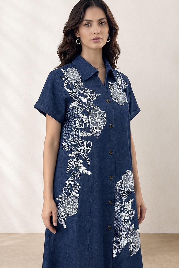 Blue Denim Applique Embroidered Knee-Length Vacation Dress by ORIGANI at Pernia's Pop Up Shop