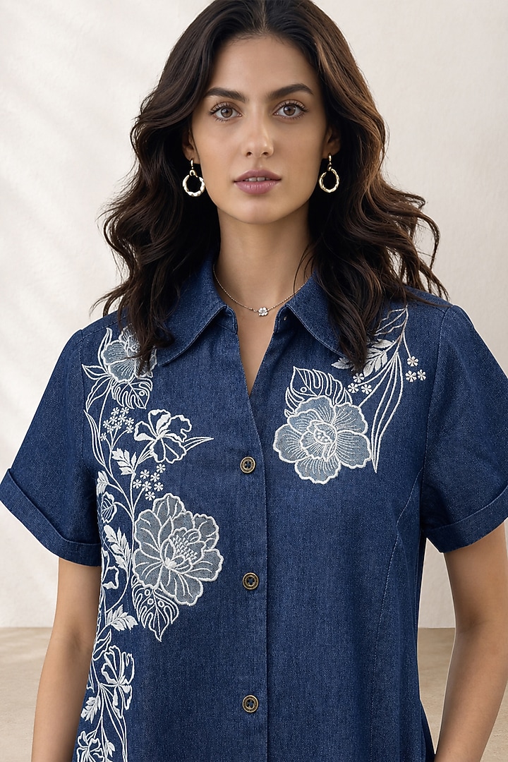 Blue Denim Applique Embroidered Knee-Length Vacation Dress by ORIGANI at Pernia's Pop Up Shop