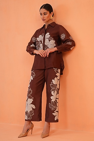 Brown Chanderi Silk Embroidered Co-Ord Set by ORIGANI