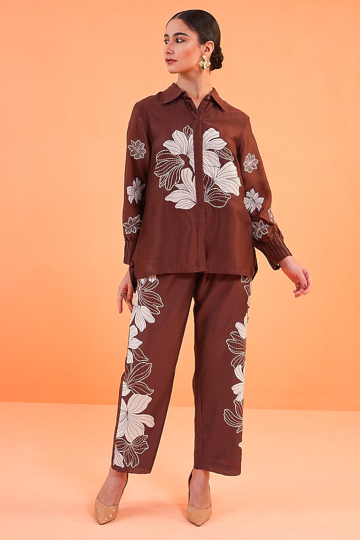 Brown Chanderi Silk Embroidered Co-Ord Set by ORIGANI at Pernia's Pop Up Shop