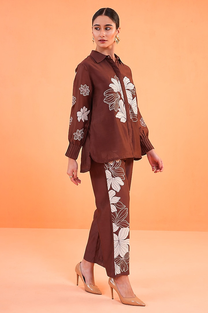 Brown Chanderi Silk Embroidered Co-Ord Set by ORIGANI at Pernia's Pop Up Shop