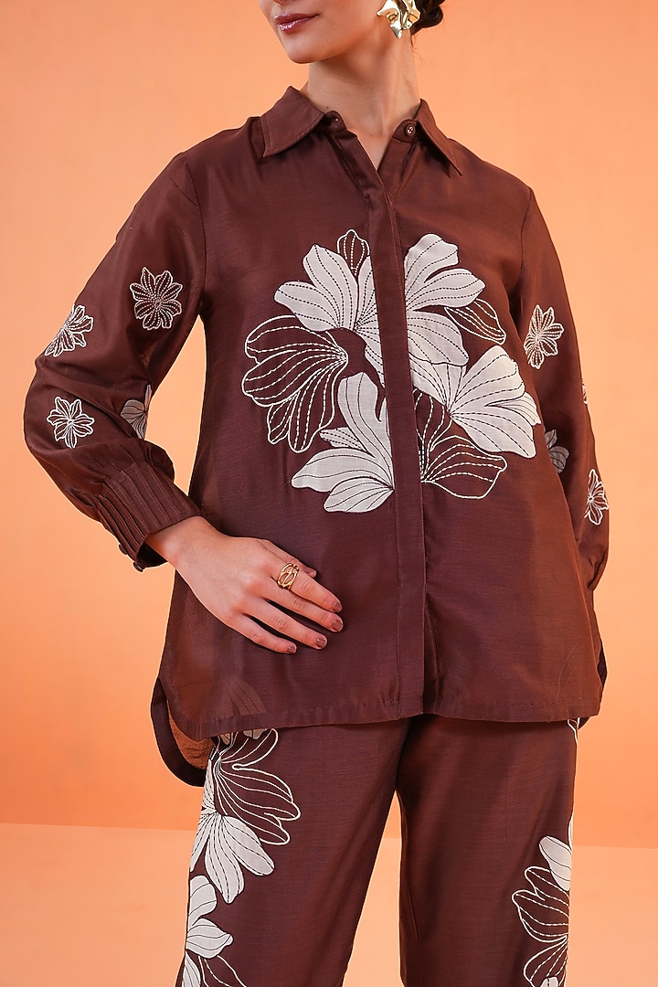 Brown Chanderi Silk Embroidered Co-Ord Set by ORIGANI at Pernia's Pop Up Shop