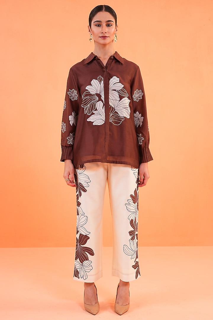 Brown & Ivory Chanderi Silk Embroidered Co-Ord Set by ORIGANI at Pernia's Pop Up Shop