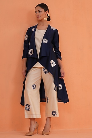 Blue & Ivory Chanderi Silk Embroidered Co-Ord Set by ORIGANI