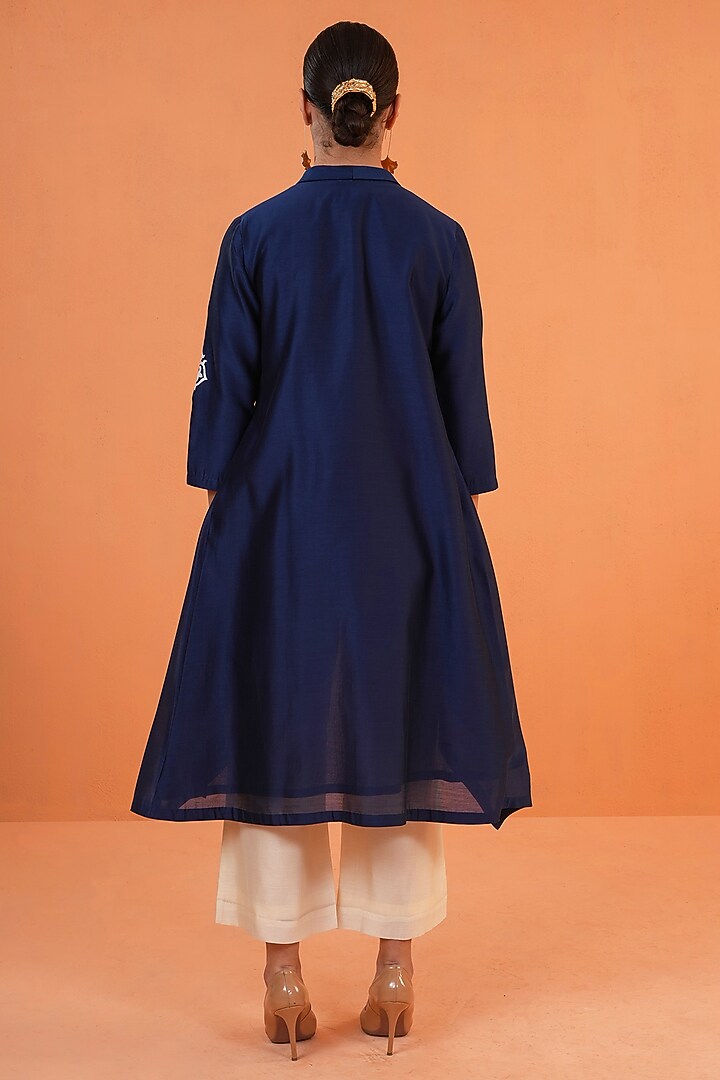Blue & Ivory Chanderi Silk Embroidered Co-Ord Set by ORIGANI at Pernia's Pop Up Shop