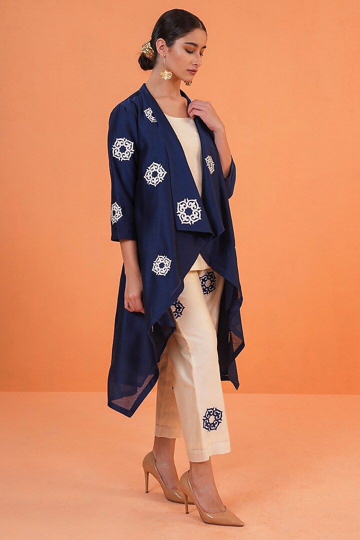 Blue & Ivory Chanderi Silk Embroidered Co-Ord Set by ORIGANI at Pernia's Pop Up Shop