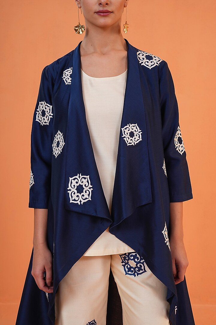 Blue & Ivory Chanderi Silk Embroidered Co-Ord Set by ORIGANI at Pernia's Pop Up Shop